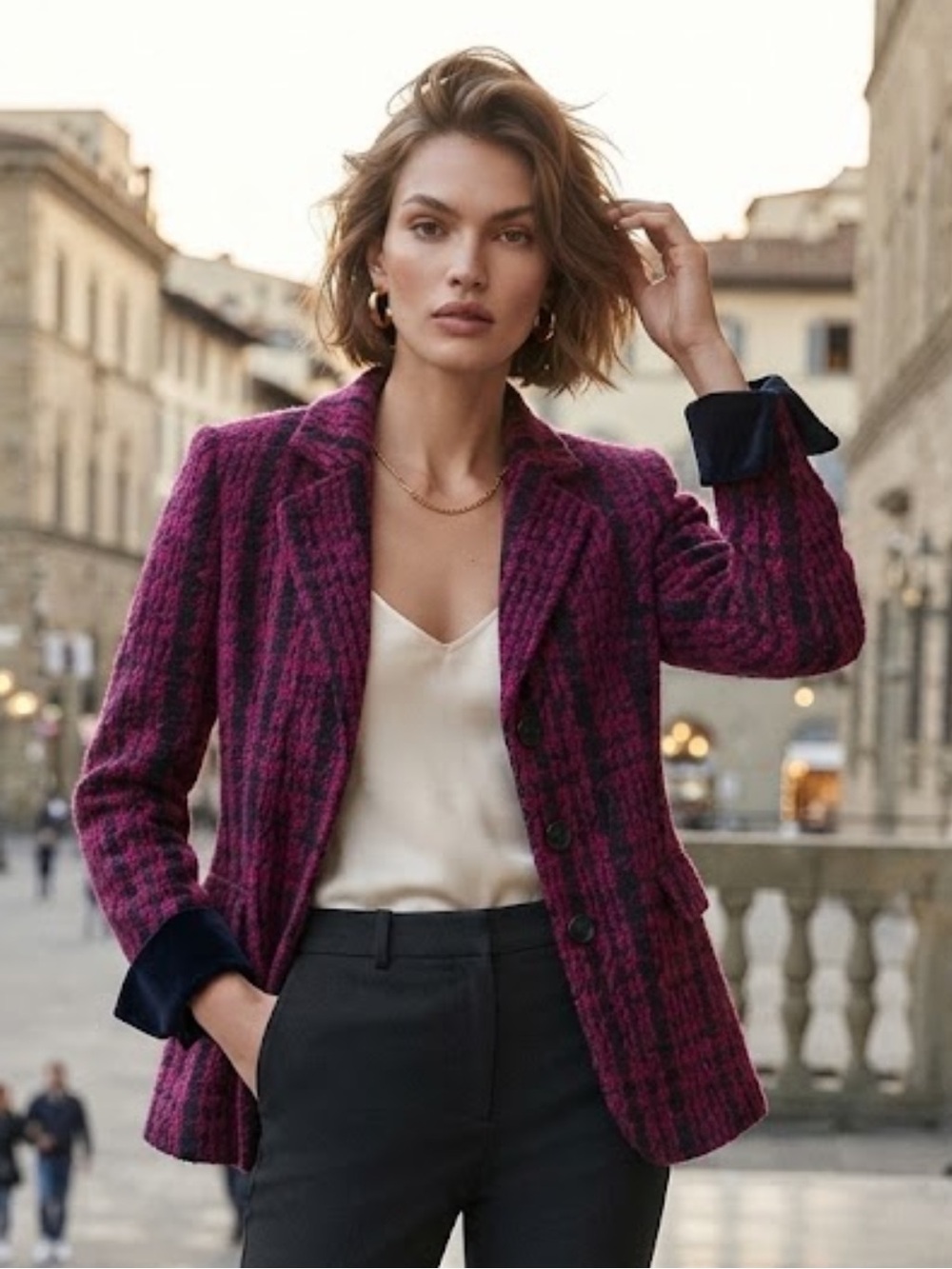Coldwater Creek Dark Fuchsia & Blue Woven Blazer Velvet Detail
